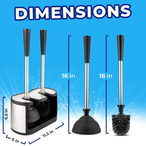 Toilet Brush And Plunger Set 18 Inch No Rust Stainless Steel Design with Long Handles and Canister, dimensions shown.