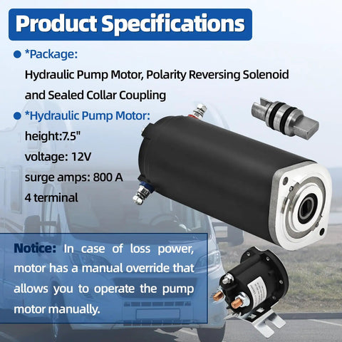 Hydraulic Pump Motor Kit For Unidirectional RV Leveling System Ready To Roll Seven Point Five Inch Height shown with specifications