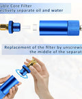 Blue Aluminum Alloy Air Filter Water Oil Separator With Female And Male Quick Connects For High Pressure Air Compressors Hand Pump 30 MPa Rated Durable High Pressure Resistant Up To 45 MPa showcasing filter replacement process