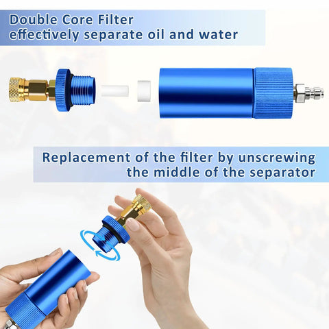 Blue Aluminum Alloy Air Filter Water Oil Separator With Female And Male Quick Connects For High Pressure Air Compressors Hand Pump 30 MPa Rated Durable High Pressure Resistant Up To 45 MPa showcasing filter replacement process