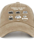 Khaki funny spare time RV camper hat for him outdoor cap with adjustable strap, lightweight travel accessory for dudes.