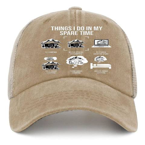 Khaki funny spare time RV camper hat for him outdoor cap with adjustable strap, lightweight travel accessory for dudes.