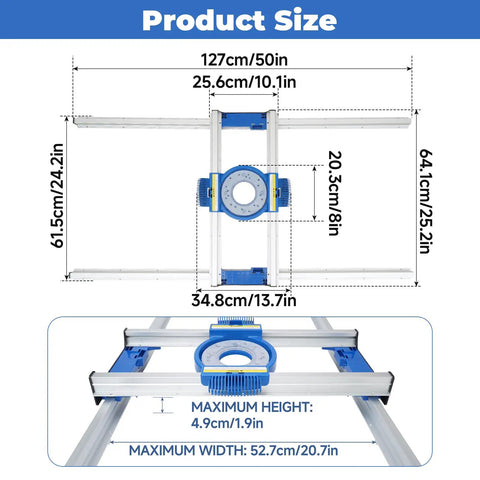 Top view of adjustable aluminum Router Sled For Flattening Slabs And Live Edge Boards with dimensions for precise leveling.