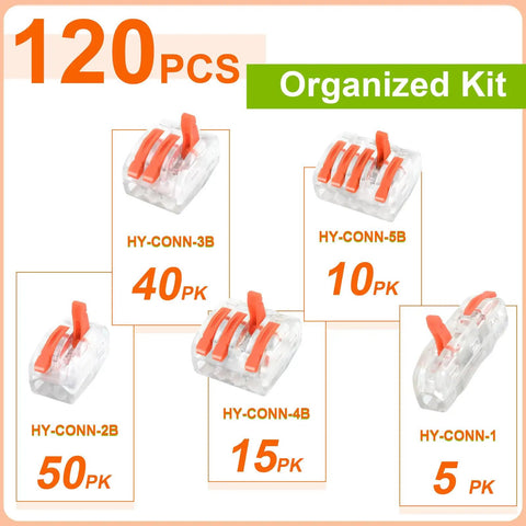 120 Piece Lever Wire Connector Kit For Home Wiring And Lighting with assorted push in wire nuts, AWG 28 to 12.