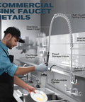 Commercial Sink Faucet - 21" Height Commercial Faucet Wall Mount with Pre-Rinse Sprayer 8" Adjustable Center and 8" Add-on Swing Spout, Commercial Kitchen Faucet with Pull Down Spray (Chrome) in use, showing details.
