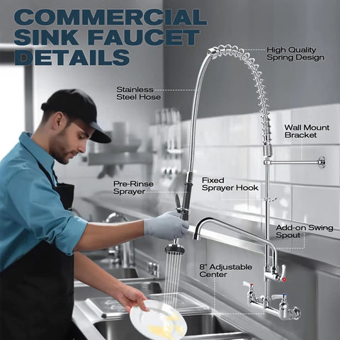 Commercial Sink Faucet - 21" Height Commercial Faucet Wall Mount with Pre-Rinse Sprayer 8" Adjustable Center and 8" Add-on Swing Spout, Commercial Kitchen Faucet with Pull Down Spray (Chrome) in use, showing details.