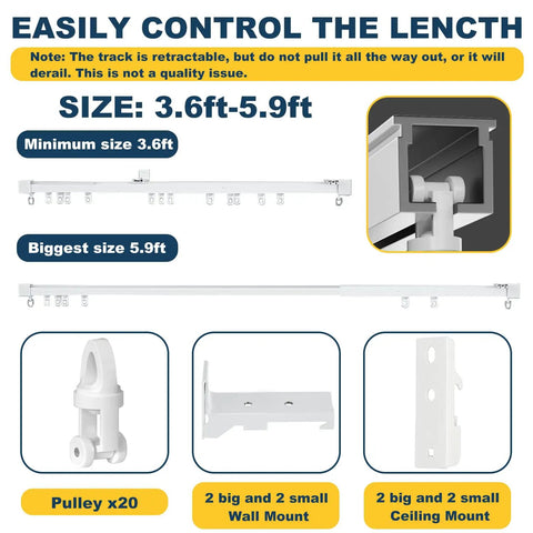 Heavy Duty Retractable Curtain Track System For Ceiling Or Wall Mount Aluminum With Silent Rollers Adjustable 3.3ft To 5.9ft Includes Complete Installation Kit showing track size, pulleys, and mounts