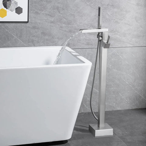 Freestanding Bathtub Faucet Floor Standing Waterfall Filler Brass One-Handle Bath Faucet With Hand Shower Brushed Nickel Finish