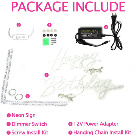 Package includes Dimmable LED Neon Birthday Sign 23 Inch Wall Backdrop Light for Party Decor and Photo Op, USB powered kit.