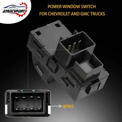 Swap In OEM Style Power Window Switch For Passenger Front Right Or Rear Left Or Right That Fits GMC Acadia Sierra Silverado Tahoe And Other Models From 2006 To 2015 Window Button Module, focusing on connector pins and design details.