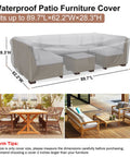 Heavy Duty Waterproof Patio Furniture Cover For Outdoor Sectional Sofa Set And Table And Chair Set 89.7 Inch Long 62.2 Inch Wide 28.3 Inch High Built To Last All Weather Protection For Deck And Patio, illustrated size dimensions of cover on patio furniture