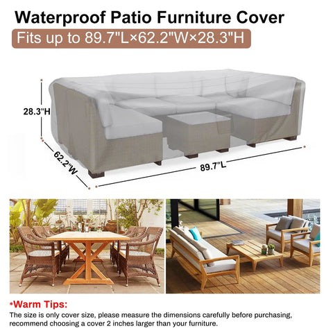 Heavy Duty Waterproof Patio Furniture Cover For Outdoor Sectional Sofa Set And Table And Chair Set 89.7 Inch Long 62.2 Inch Wide 28.3 Inch High Built To Last All Weather Protection For Deck And Patio, illustrated size dimensions of cover on patio furniture
