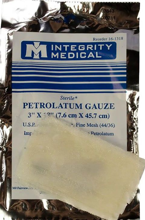 Petrolatum gauze from Compact First Aid Kit For Bleed Control On The Go With Vacuum Sealed Pack Includes Compressed Gauze Petrolatum Gauze ETD Gloves And Surgical Tape For Non Medic Caregivers And Emergency Responders.