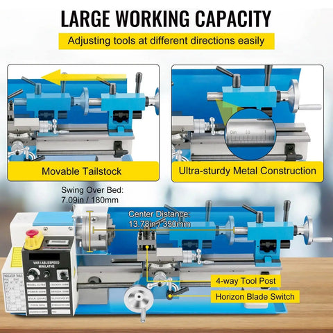 7x14 Inch Mini Metal Lathe Benchtop Powerhouse With 550W Motor, variable speed and adjustable movable tailstock feature.
