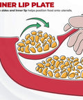 Illustration of Spillproof Lip Plate With Inner Lip Wall For Adults Red 9 Inch Non Slip Adaptive Plate guiding food onto spoon.