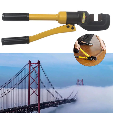 Heavy Duty 12 Ton Portable Hydraulic Rebar Pliers Cutter Handheld Tool For Concrete Construction, yellow metal handles, rugged design.