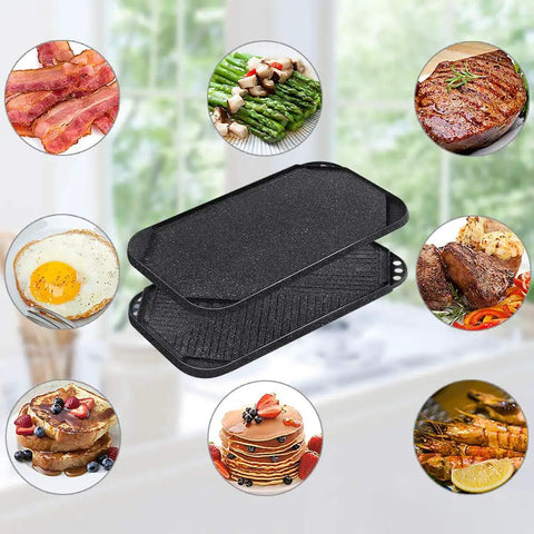 Nonstick Griddle And Grill Pan Pro Grid Reversible Two Burner Cast Aluminum Portable with images of food around it