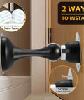 Four Pack Magnetic Door Stop No Drilling With 3D Adhesive Tapes Keeps Doors Open And Silent Easy Install Durable Stainless Steel Mount With Included Screws Black Finish Great For Home And Office, side view of black magnetic door stop showing two installation methods, adhesive tape and screws.