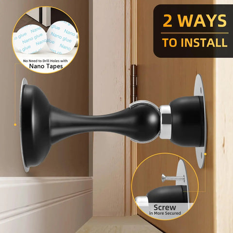 Four Pack Magnetic Door Stop No Drilling With 3D Adhesive Tapes Keeps Doors Open And Silent Easy Install Durable Stainless Steel Mount With Included Screws Black Finish Great For Home And Office, side view of black magnetic door stop showing two installation methods, adhesive tape and screws.