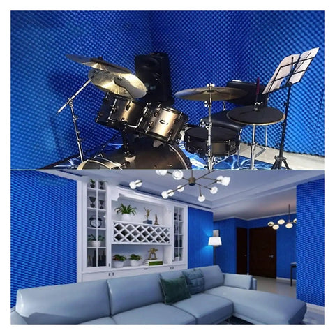 Heavy Duty Self Adhesive Soundproofing Foam Sheet fitted in a home studio with drums and a living room, black acoustic insulation.