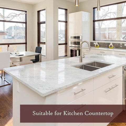 Modern kitchen with white cabinets and counter covered with Marble Look Premium Peel And Stick Contact Paper Vinyl.