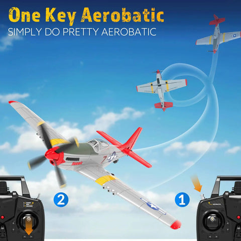 Four Channel RC Plane P51 Mustang Ready To Fly With X Pilot Stabilization And One Key Aerobatics For Adults shown in aerobatics.