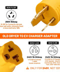 Heavy Duty 30 Amp To 20 Amp Dryer To Electric Vehicle Charger Adapter Nema 10 30P To 5 15 20R Male Plug view showing NEMA plug designs and power ratings.