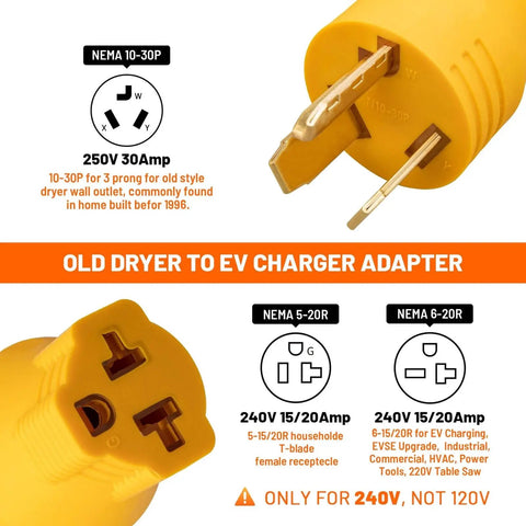 Heavy Duty 30 Amp To 20 Amp Dryer To Electric Vehicle Charger Adapter Nema 10 30P To 5 15 20R Male Plug view showing NEMA plug designs and power ratings.