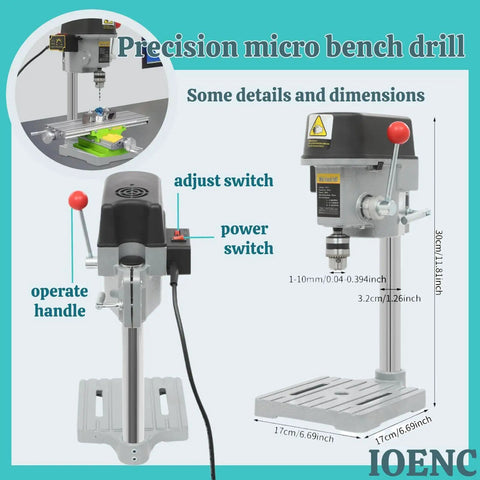Killer Portable Jewelry Drill Press With Bench Top Build And Slick Variable Speed Dial Up To 16000 Rpm 340 Watt Motor side view with control switches.