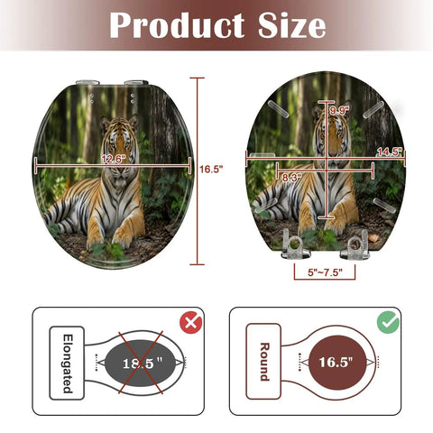 Round Tiger portrait Toilet Seat product size chart with measurements 16.5" x 12.6", showcasing durable resin material.