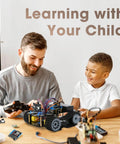 All Terrain Robot Tank Kit For Kids Ages 8 To 12 Arduino Scratch And Python Compatible STEM Toy With Rugged Tracks Remote App Control Learn Coding Hands On Cool Birthday Gift For Boys Girls And Adults, father and child building robot tank