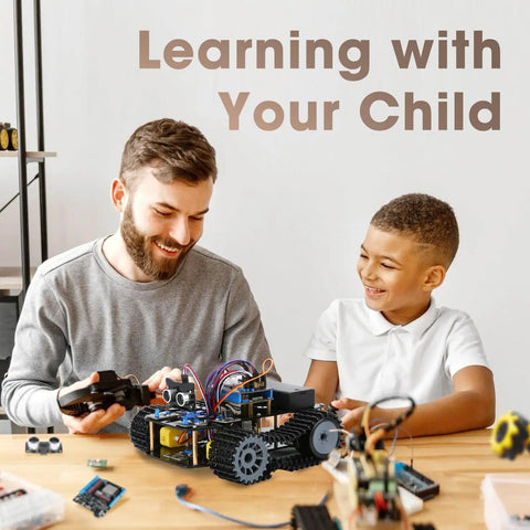 All Terrain Robot Tank Kit For Kids Ages 8 To 12 Arduino Scratch And Python Compatible STEM Toy With Rugged Tracks Remote App Control Learn Coding Hands On Cool Birthday Gift For Boys Girls And Adults, father and child building robot tank