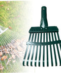 Image of 11 Teeth 10x6 Inch Rake Head Replacement for Lawn Garden Yard Farm, showing carbon steel pre-drilled design for debris clearance.