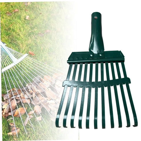 Image of 11 Teeth 10x6 Inch Rake Head Replacement for Lawn Garden Yard Farm, showing carbon steel pre-drilled design for debris clearance.