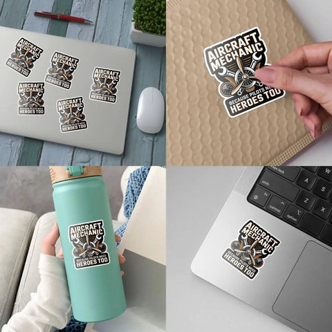 Plane Techs And Pilots Sticker Pack: We Fix What Your Pilot Breaks on laptop, notebook, water bottle, showcasing decal use.