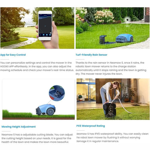 Smart Robot Lawn Mower For A Quarter Acre With App Control And Auto Charging displayed in various usage and adjustment settings