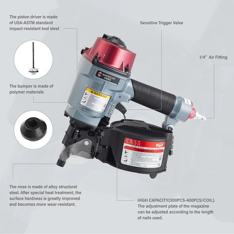 CN55 15 Degree Siding Nailer Coil Type with 1/4 in air fitting and high-strength alloy nose for wood projects