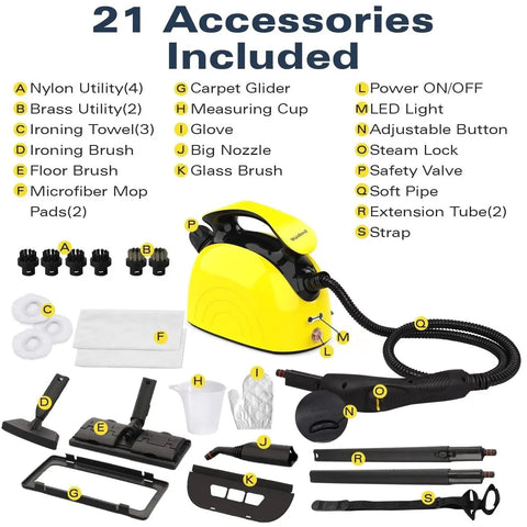Premium 4.5 Bar High Pressure Handheld Steam Cleaner For Deep Home Cleaning Tasks with 21 included accessories, featuring a yellow design.