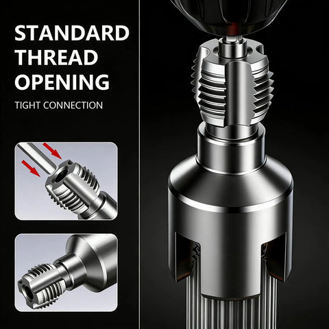 Close-up of the 2026 New Dual Function Pipe Tapping And Threading Tool Kit showing standard thread opening for tight connections.