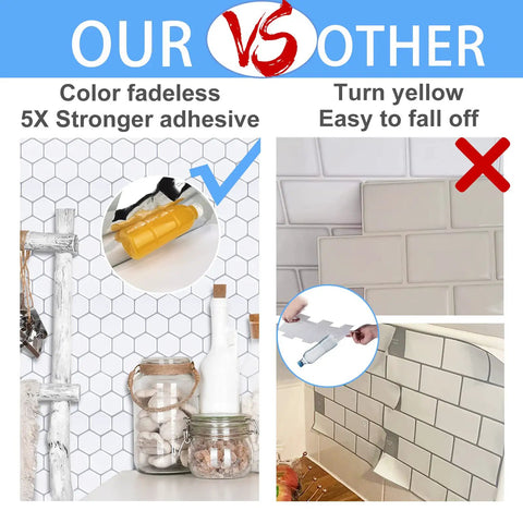 Comparison of White 3D Hexagonal Peel And Stick Wall Tiles Set 10 Sheets Waterproof vs traditional tiles showing adhesive strength.