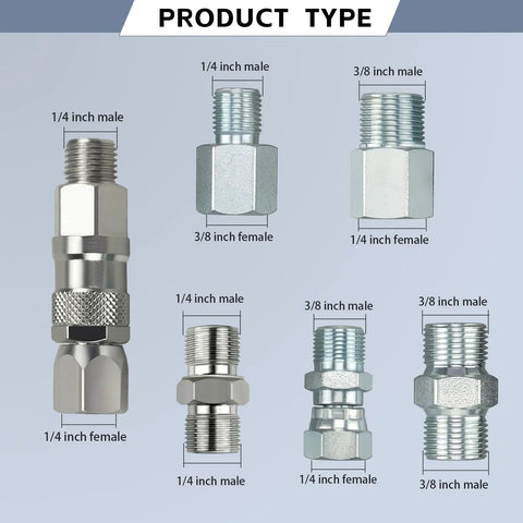 Six Piece Pro Grade Sprayer Joint Set For Airless Paint Sprayers With Spray Gun Swivel Joint And Paint Hose Connectors That Include Quarter Inch And Three Eighth Inch Fittings In Multiple Sizes For Fast Flexible Attachments. 1/4 and 3/8 inch male female fittings