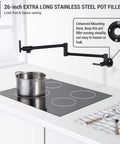Pot Filler Faucet Wall Mounted Stainless Steel Kitchen Must Have Dual Stretchable Arm Folding Swing With Two Handle Valve Matte Black Space Saving Design Long Reach Up To 24 Inches SUS 304 Lead Free over stove
