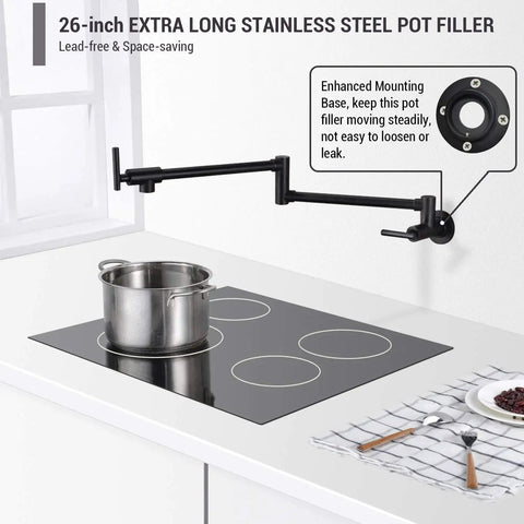 Pot Filler Faucet Wall Mounted Stainless Steel Kitchen Must Have Dual Stretchable Arm Folding Swing With Two Handle Valve Matte Black Space Saving Design Long Reach Up To 24 Inches SUS 304 Lead Free over stove