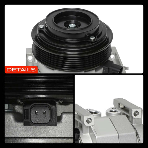 Heavy Duty AC Compressor With Clutch And Precharged PAG46 Oil Fits Jeep Grand Cherokee Chrysler 300 Dodge Durango 3.6L V6 top view showing details.
