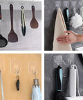 Heavy Duty Adhesive Hooks That Disappear Into Your Decor, Hold Up To 22 Lb, Waterproof And Reusable, No Nails Or Drills, Easy Peel And Stick, Perfect For Kitchen, Bathroom, And Office, Transparent 10 Pack showing kitchen utensils, towels, and keys hung on various surfaces.
