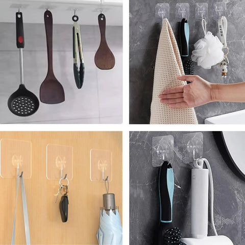 Heavy Duty Adhesive Hooks That Disappear Into Your Decor, Hold Up To 22 Lb, Waterproof And Reusable, No Nails Or Drills, Easy Peel And Stick, Perfect For Kitchen, Bathroom, And Office, Transparent 10 Pack showing kitchen utensils, towels, and keys hung on various surfaces.