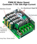 Close-up of Heavy Duty 7 To 70 Volt 30 Amp Pwm Dc Motor Speed Controller For Brushed Motors with heat sinks and wiring.