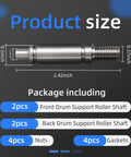 Tough As Nails Dryer Drum Support Roller Shaft Kit sizing image showing dimensions and included hardware for Whirlpool Kenmore Maytag Amana.