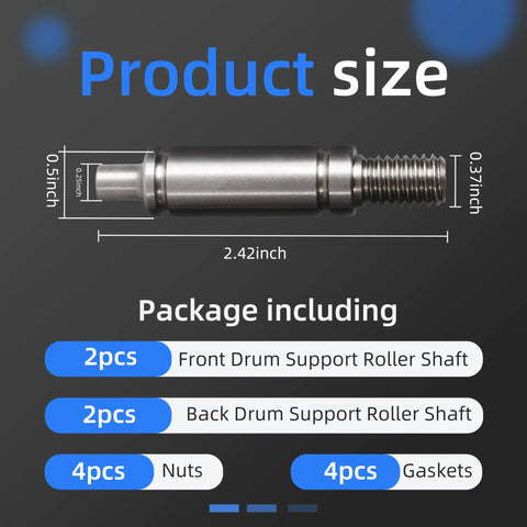Tough As Nails Dryer Drum Support Roller Shaft Kit sizing image showing dimensions and included hardware for Whirlpool Kenmore Maytag Amana.