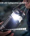 Hands holding COB LED lantern from Two Pack Collapsible LED Camping Lanterns USB-C Rechargeable And Battery Powered 2-In-1 Emergency Light